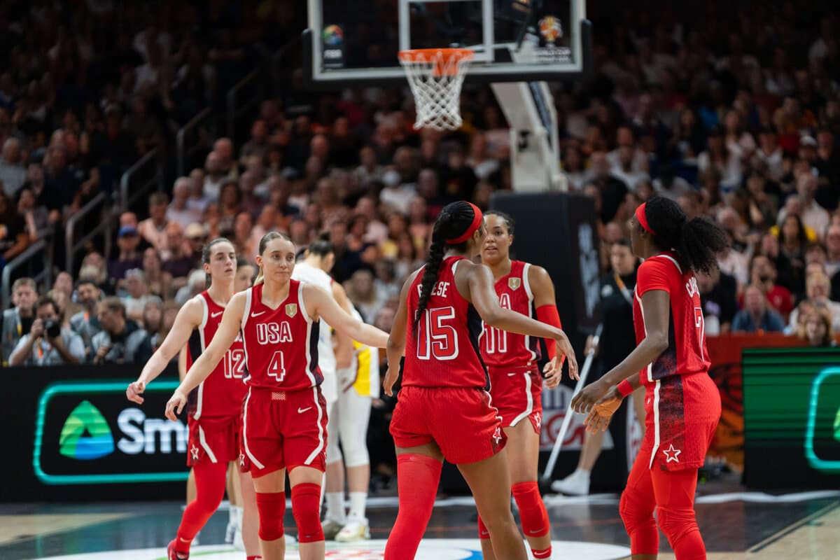Paige Bueckers, Angel Reese, Caitlin Clark, Napheesa Collier and Kahleah Copper (United States (F)) against Spain (F), Women's World Cup, September 12, 2026