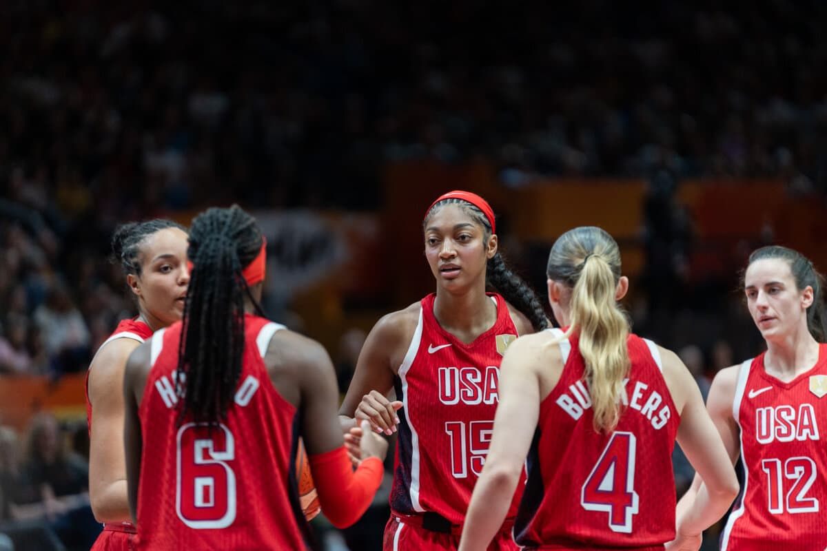 Angel Reese, Paige Bueckers, Rhyne Howard and Caitlin Clark (United States (F)) against Spain (F), Women's World Cup, September 12, 2026