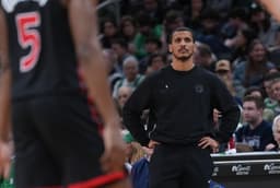 Jan 9, 2026; Boston, Massachusetts, USA; Boston Celtics head coach Joe Mazzulla watches from the sideline as they take on the Toronto Raptors at TD Garden. Mandatory Credit: David Butler II-Imagn Images
