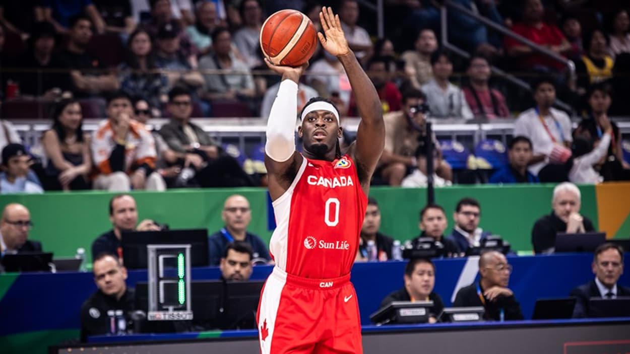 Luguentz Dort (Canada) shooting a three-pointer Luguentz Dort (Canada) shooting a three-pointer